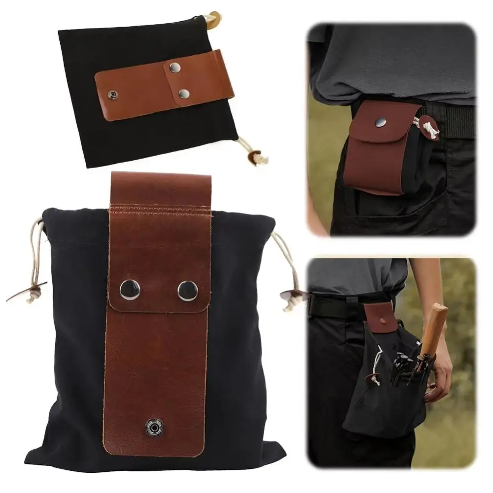 Collapsible Canvas Storage Bag Waxed Canvas Water-Resistant Garden Picking Pouch Buckle Belt PU Leather Outdoor Foraging Bag