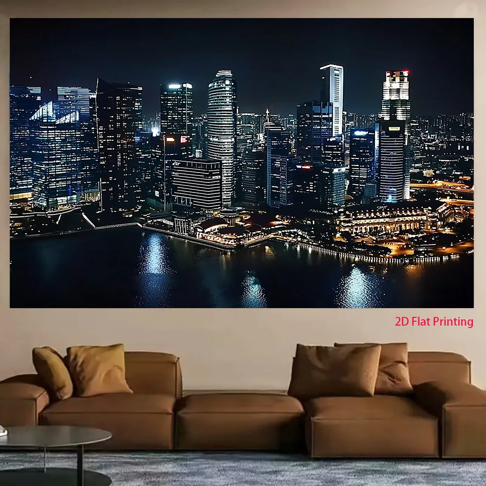 Modern City Skyline Night View Tapestry 2D Flat Skyscraper River Wall Hanging for Living Room Bedroom Urban Art Fabric Poster