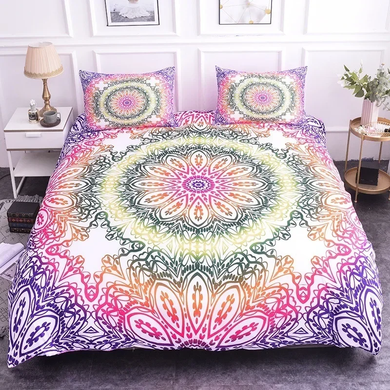 Colorful Mandala Duvet Cover Set Bohemian Style Pastel Toned Abstract Flower Design Print Bedding Set Quilt Cover Pillow Covers