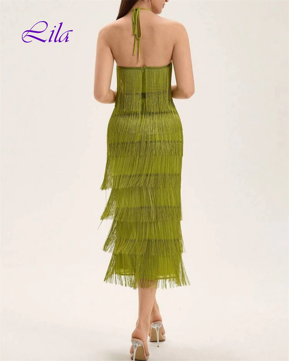 

Customized Elegant Green Tassel Evening Dress Classic Halter Sleeveless Celebrity Gowns Delicate Straight Backless Prom Dresses