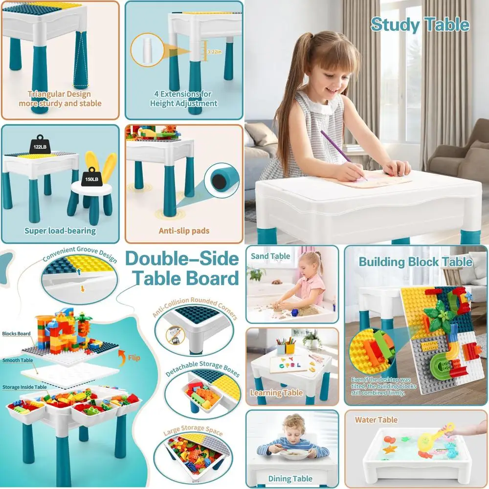 

6-in-1 Adjustable Height Kids Play Table with Storage and 105pc Marble Run Blocks, Water & Sand Playset