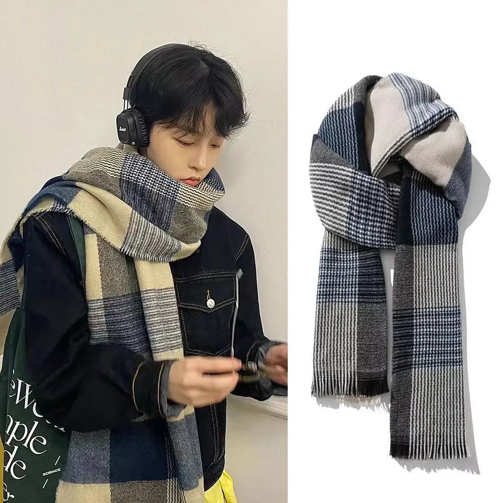 Fashion Korean Men's Plaid Scarf Casual Long Winter Plaid Scarf Warm Thicken Checkered Scarf Gifts