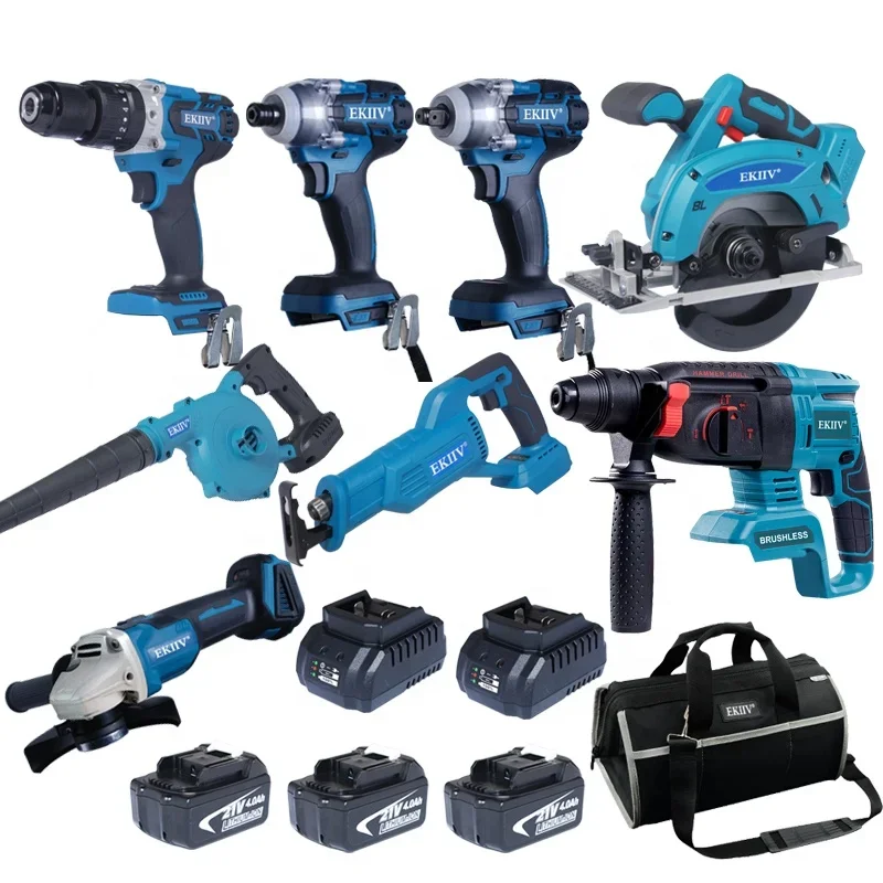 EKIIV 21V Power Tools Set Electric Hammer Impact Wrench Drill Machine Complete  Lithium-Ion Cordless Combo kit