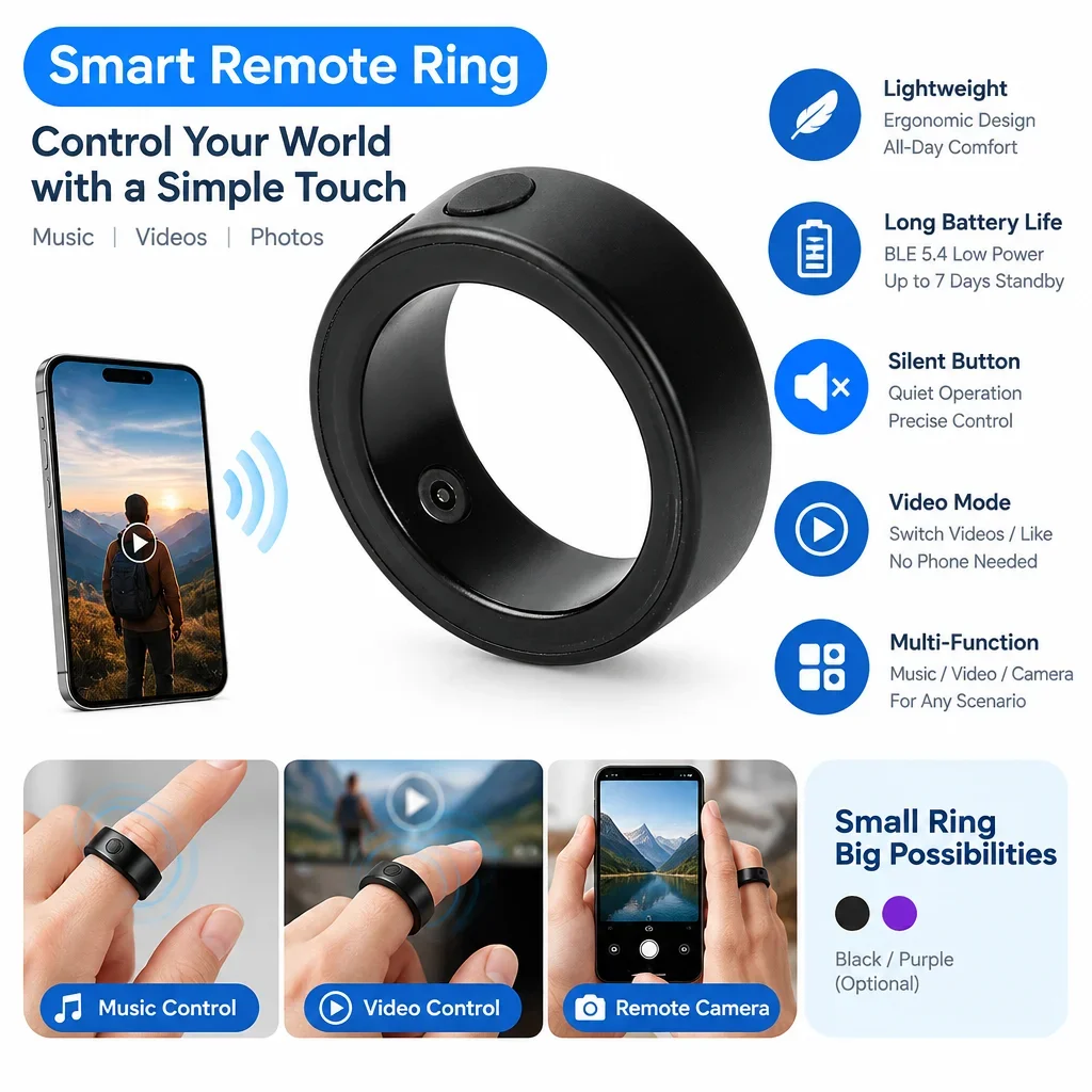 DC 5V Smart Fingertip Ring Remote Control Ring Wireless Bluetooth Remote Control Device Smart Ringwith Three Modes