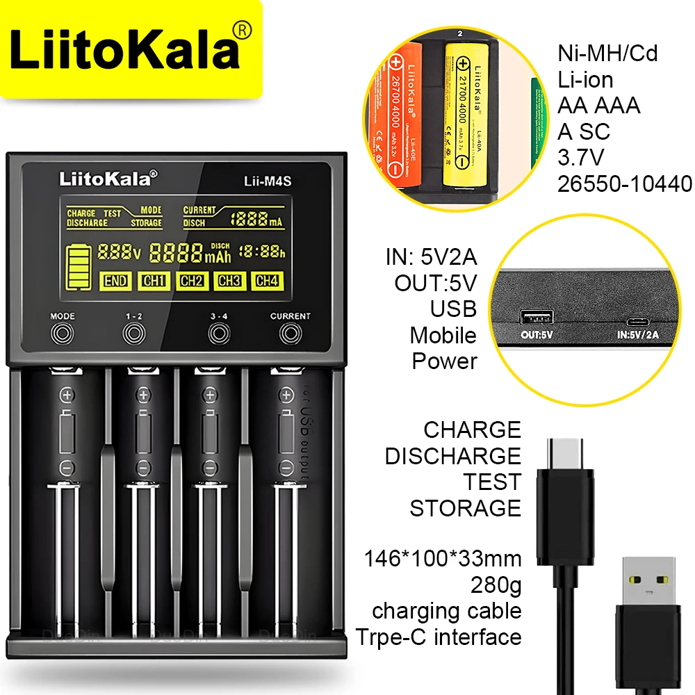 LiitoKala Lii-M4S 18650 cargador inteligente pantalla LCD para 26650 21700 32650 20700 21700 16340 AA AAA batería
