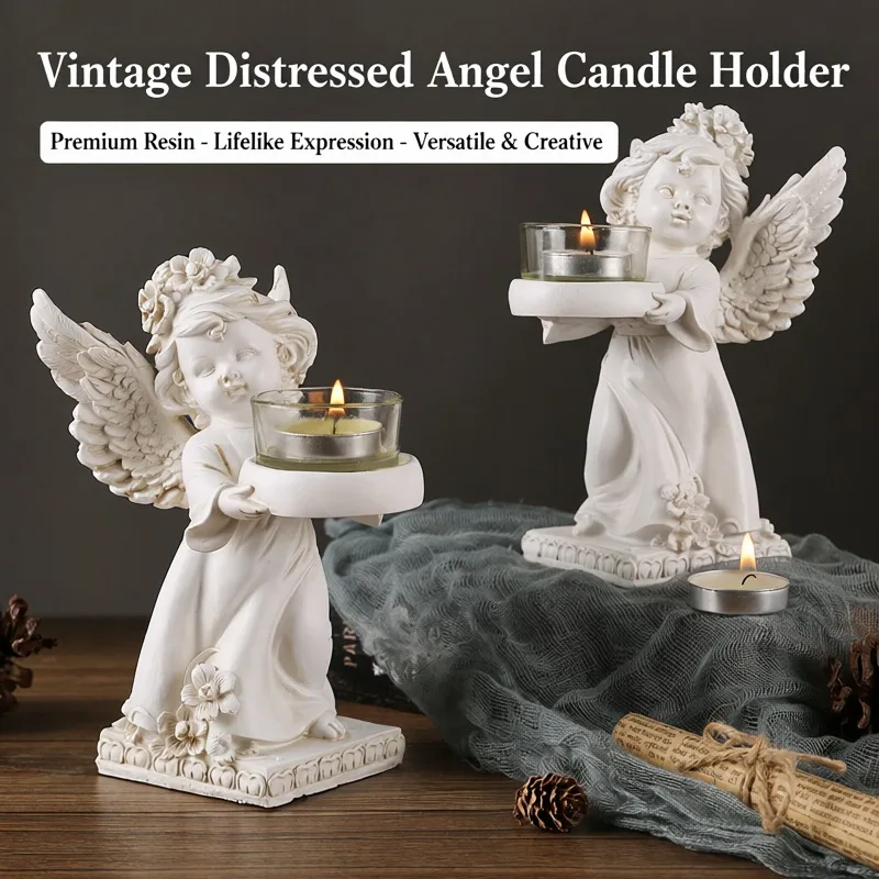 European Retro Angel Candle Holder Resin Figurine Desktop Ornament Romantic Candlelight Dinner Table Decor  Party  Prop