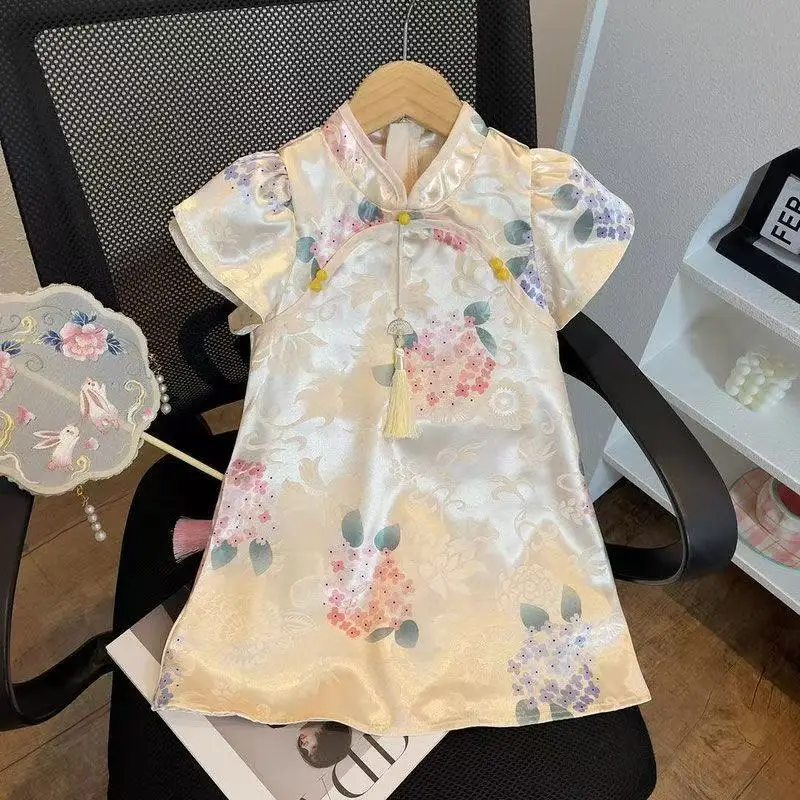 Girls' Dress Summer New Chinese Style Cheongsam Dress Western Style Children's Bubble Sleeve Princess Dress 2-9Y