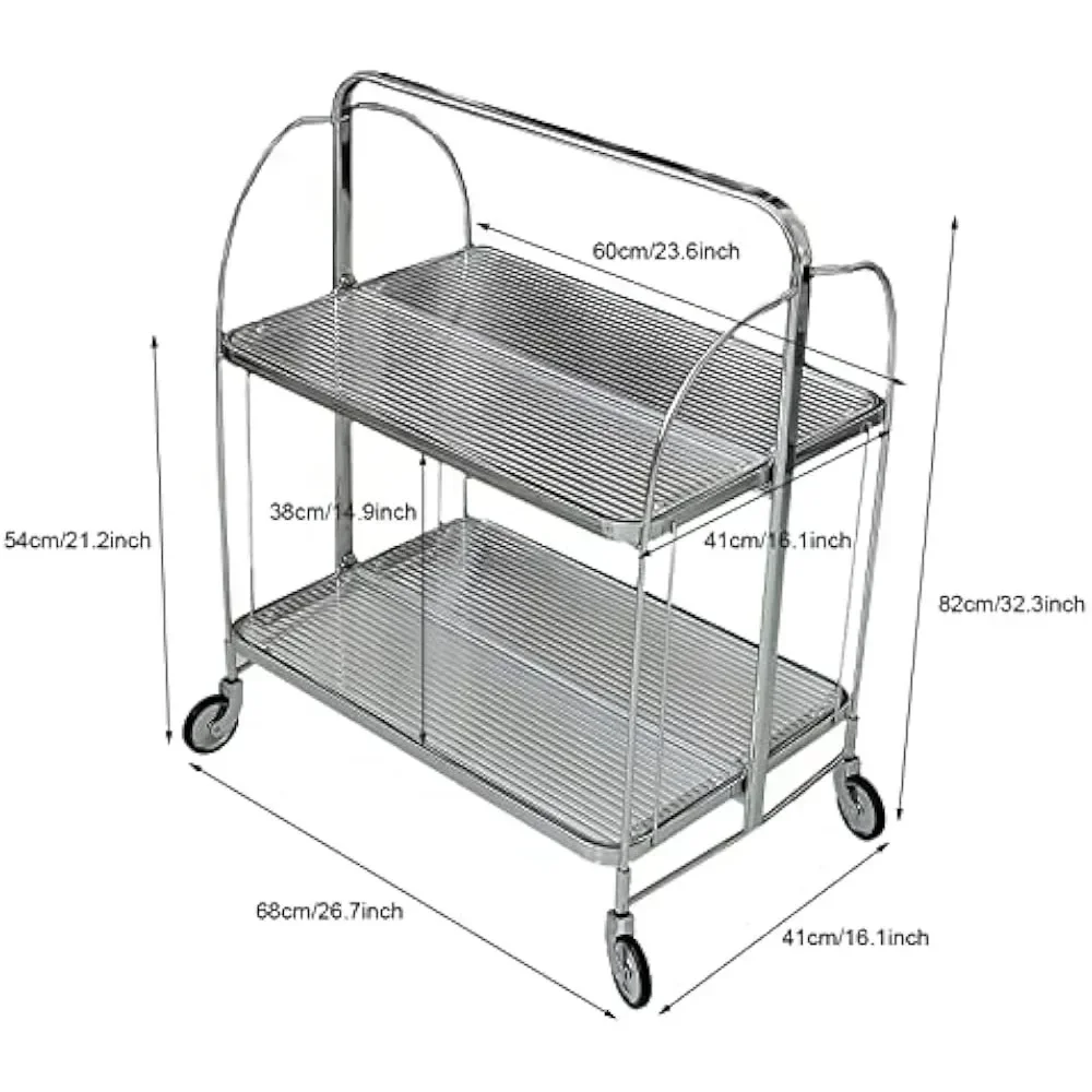 2-Tier Foldable Storage Serving Cart, Restaurant Rolling Serving Cart W/ Wheels for Bar Restaurant Dining Room Living Room
