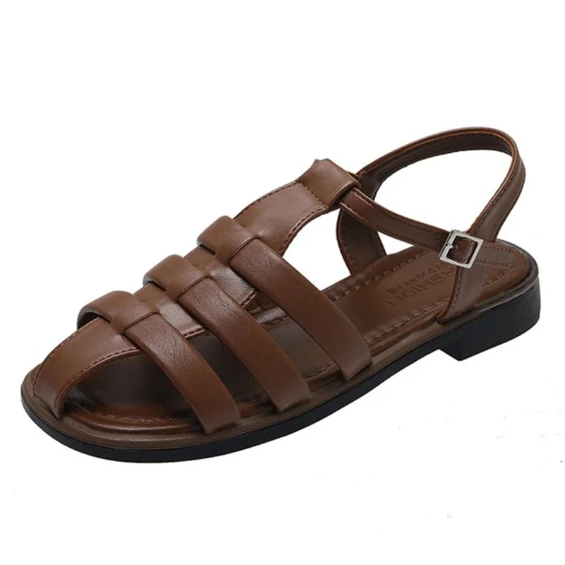 2024 Genuine Leather Sandals Round Toe Summer Basic Women Shoes Elegant Summer Square Low Heel Female Size 1190