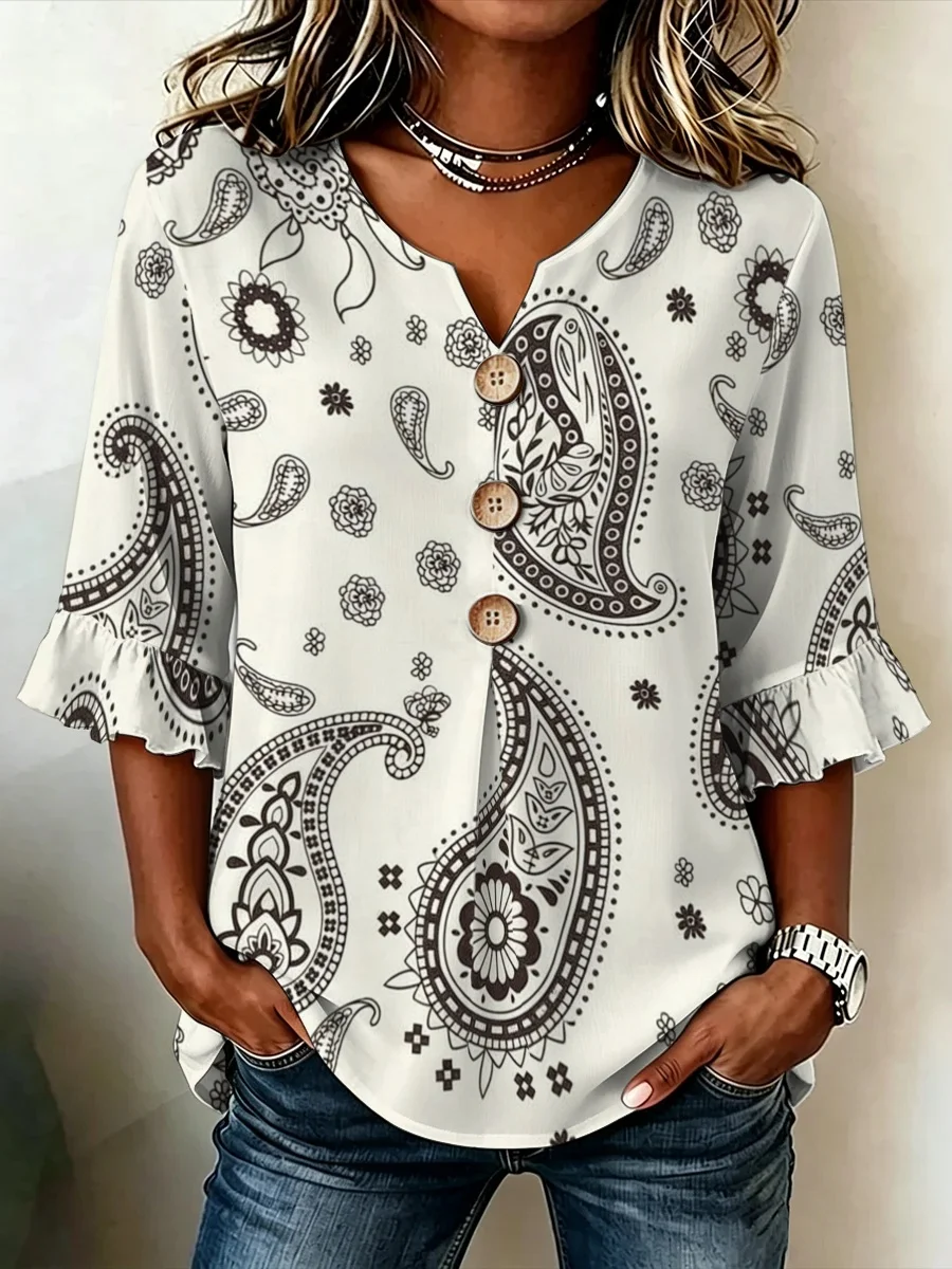 Summer 3/4 Sleeve V‑Neck Printed Blouse, Vintage Ethnic Pullover Top, Distinctive Look for Commute & Social Occasions