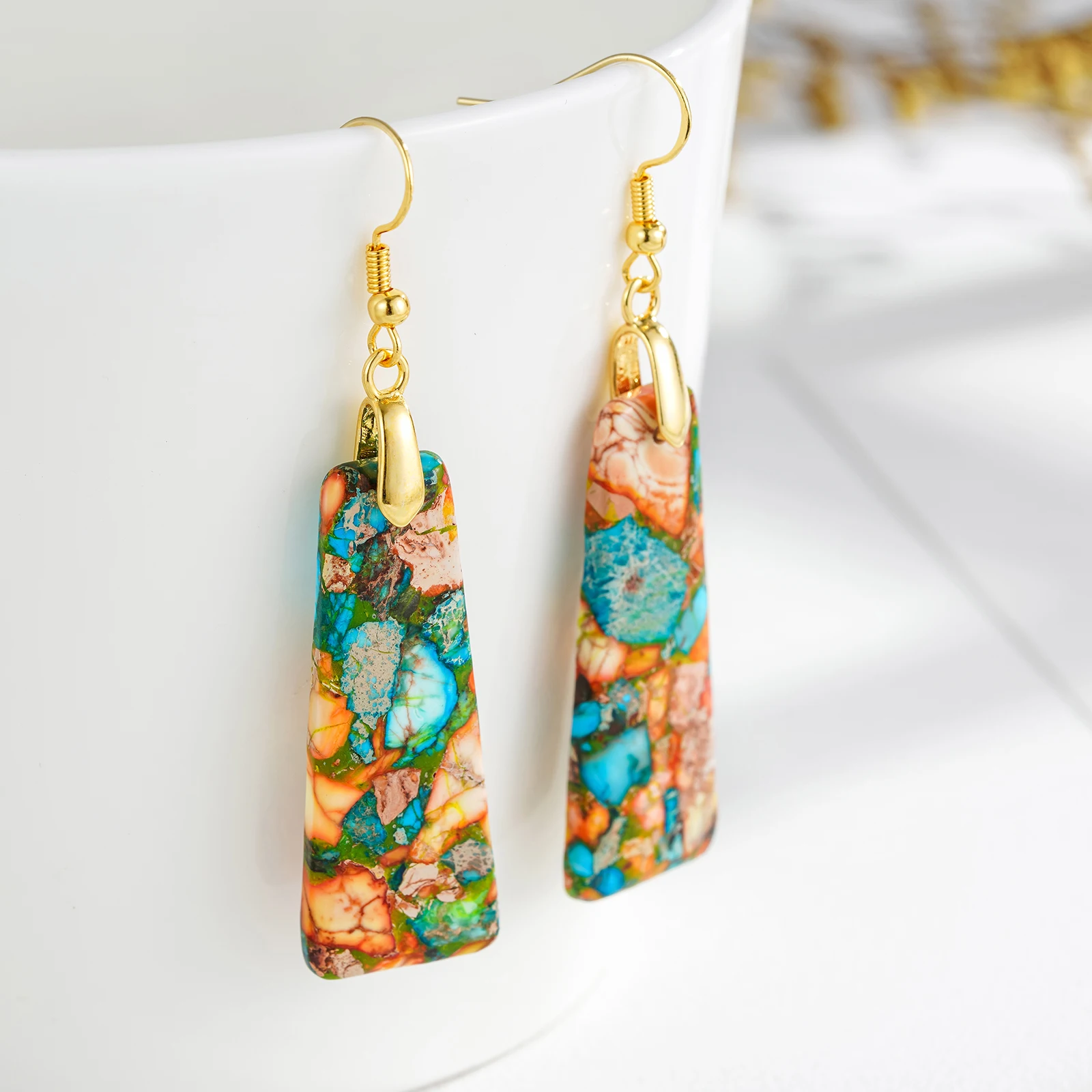 Women Boho Orange Blue Imperial Jasper Stone Earrings Women Natural Stone Charm Drop Earrings DropShipping