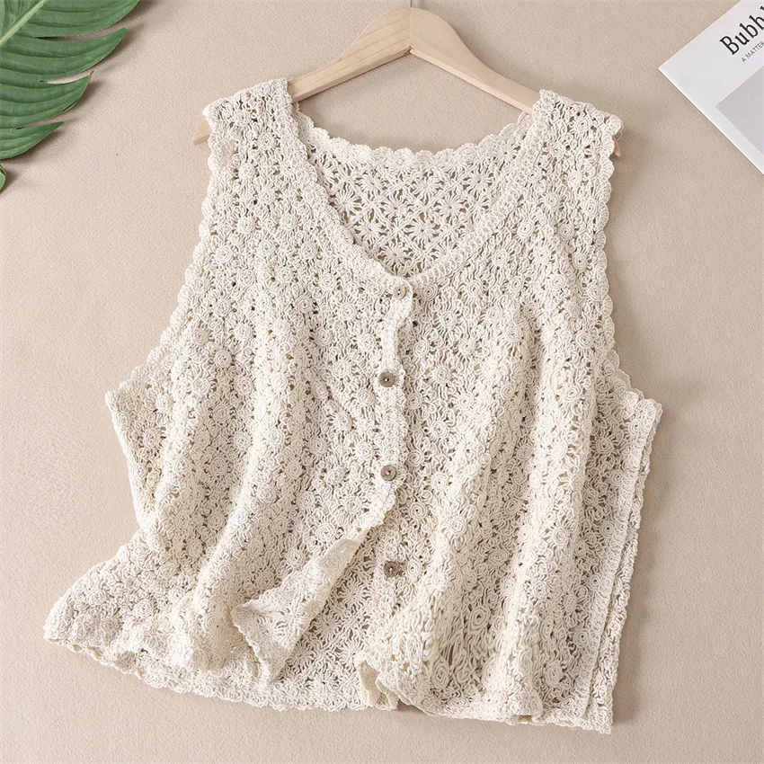 

New Women Hollow Out Knitted Vest Fashion Lady V-neck Vests Big Size Girl Sleeveless Jackets Short Paragraph Tops Outwear WZ2522
