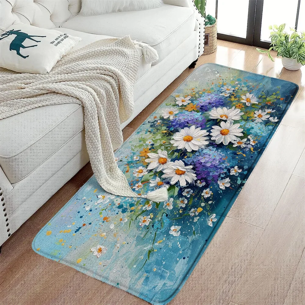 Vintage Floral Carpet Rustic Plant Flower Watercolour Painting Creative Doormat Sofa Mat Doorway Flannel Floor Mat Floor Decor