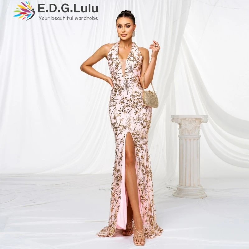 EDGLuLu العميق الخامس الرقبة بلا أكمام عالية الشق فستان عيد ميلاد امرأة مثير عارية الذراعين الترتر طباعة حفلة ثوب مسائي طويل 0623