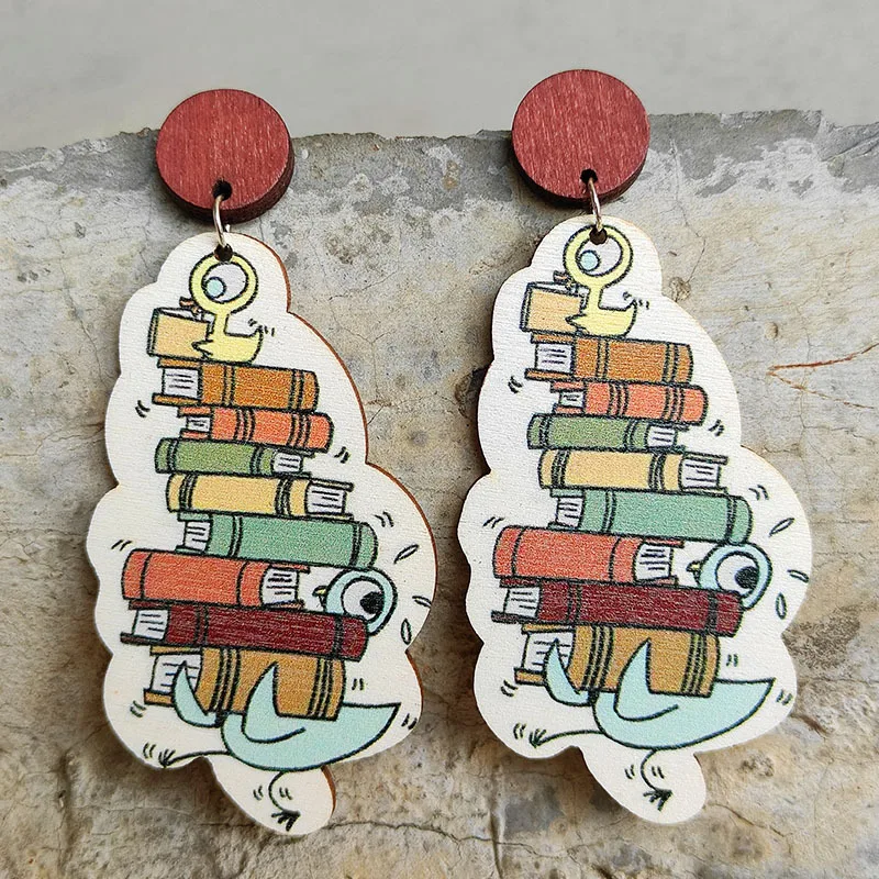 Cute Dark Earrings Elementary School Mathematics Painting Reading Teacher Students Wooden Book Earrings For Women Wholesale