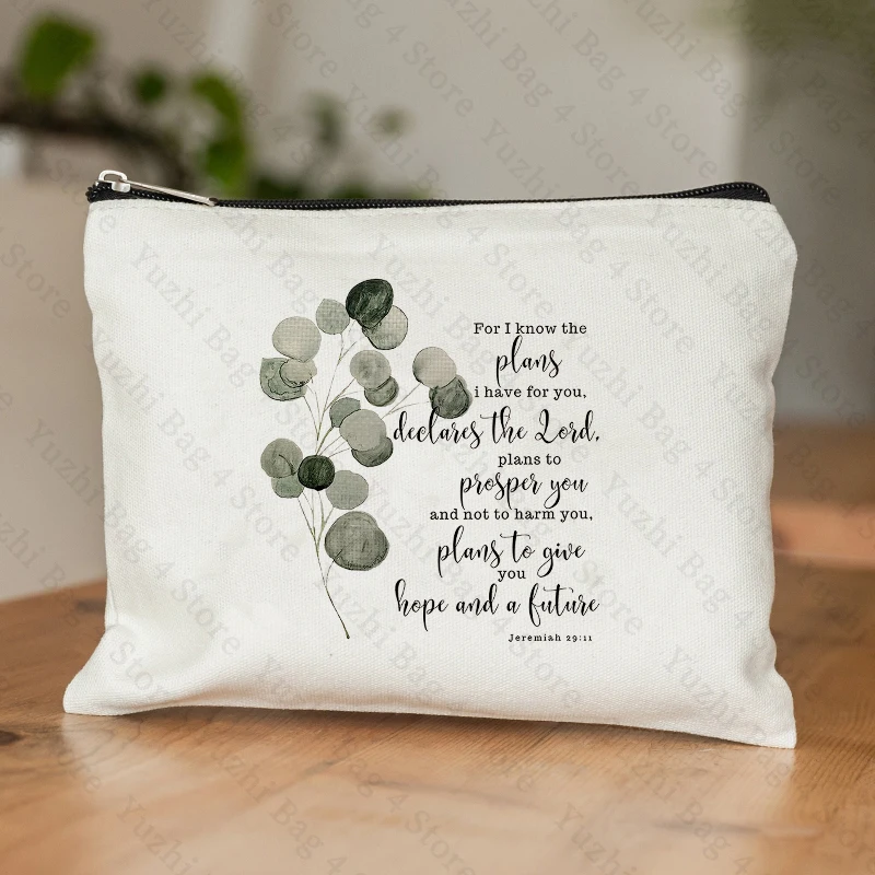 Cristã Religiosa Bíblia Escritura Bag, Jeremiah, Eucalyptus Leaf Pattern, Maquiagem, Cosmético, Aquarela, Eu Sei O Plano, 2911