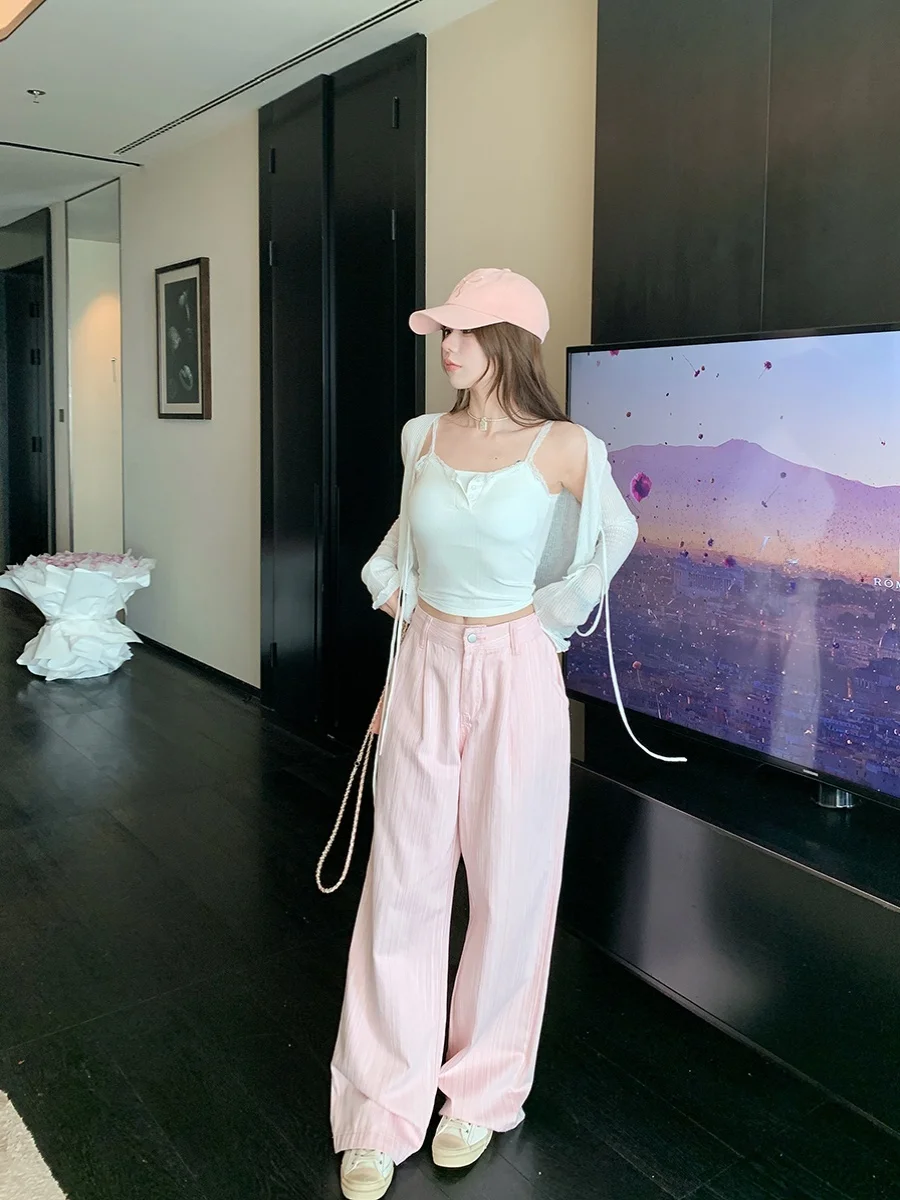 

Pink Drapey Wide Leg Pants Women's Spring Autumn Small Size Straight Leg Thin Casual Trousers High Waist Long Pants