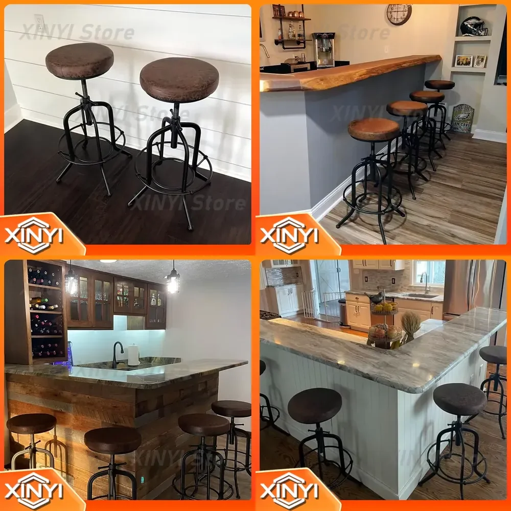 Adjustable Height Industrial Bar Stool for Coffee Shop Home Bar Vintage Metal Frame PU Leather Counter Chair with Footrest