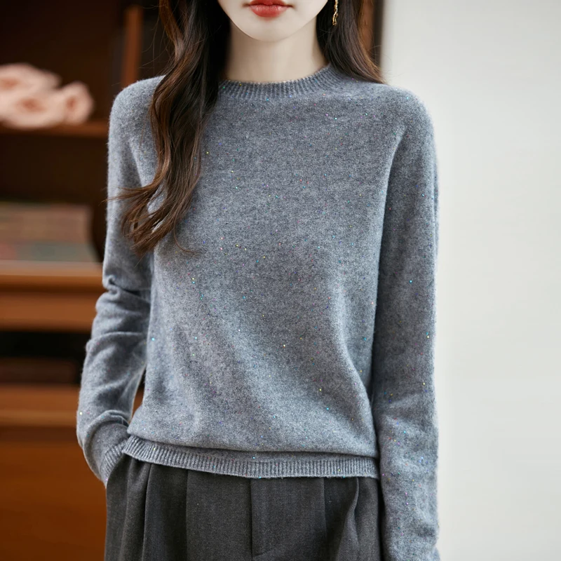 Sweter z okrągłym dekoltem, 100% wełna merino, sweter wkładany przez głowę, jesień, zima, miękki, damski, długi rękaw, dzianina, elegancki, modny, odzież, topy