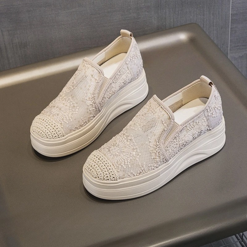 

7cm Lace Mesh Women Summer Shoes Solid Color Fashionable Lace Up Half Slippers Wedge Heel Slipony for Women's Breathable Shoes