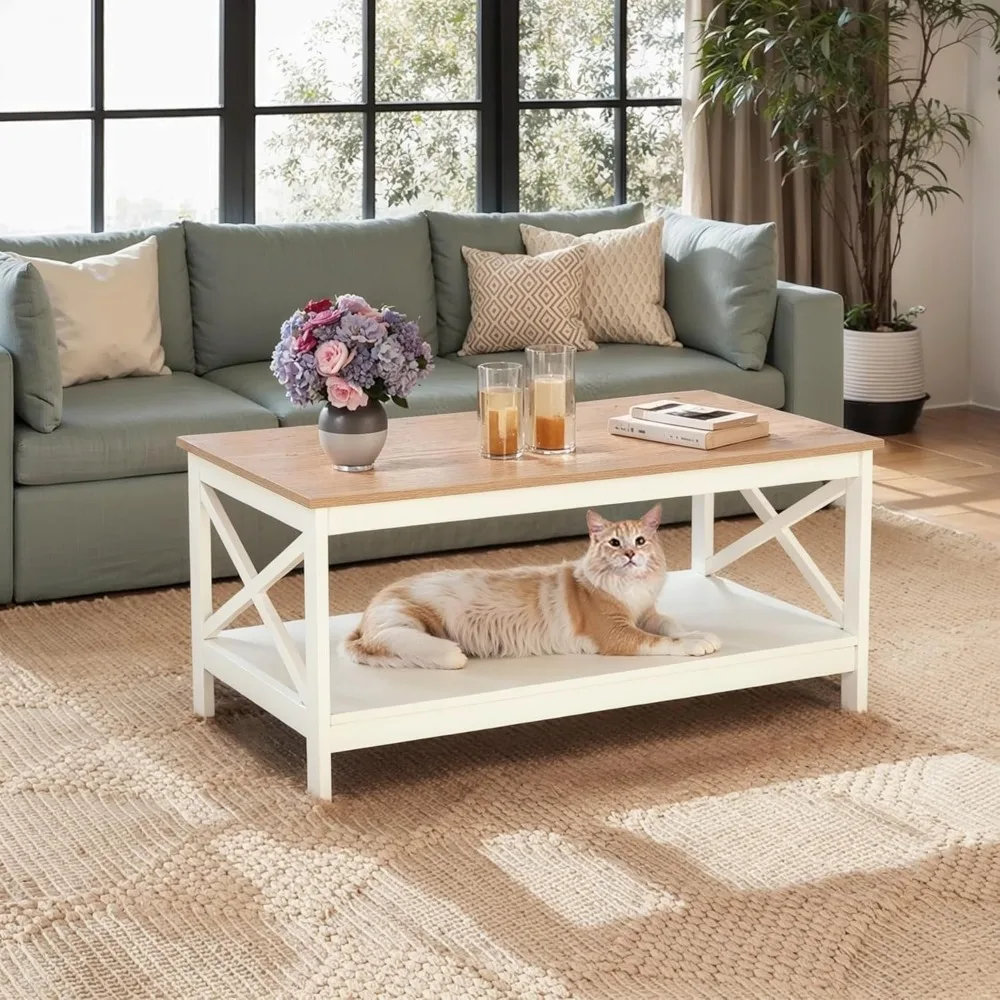 Coffee Table with Storage, Farmhouse Coffee Tables for Living Room 2-Tier Modern Coffee Table, Ivory