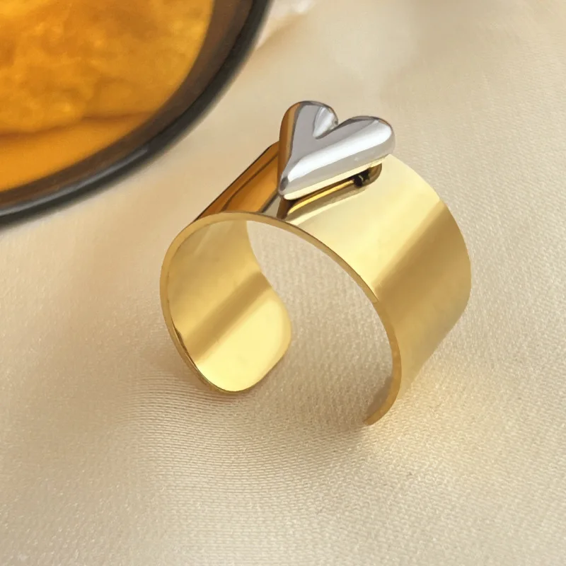 ZAKOL New Three-dimensional Heart-shaped Glossy Stainless Steel Open Ring Fashion Punk Wide Couple Rings Everyday Jewelry