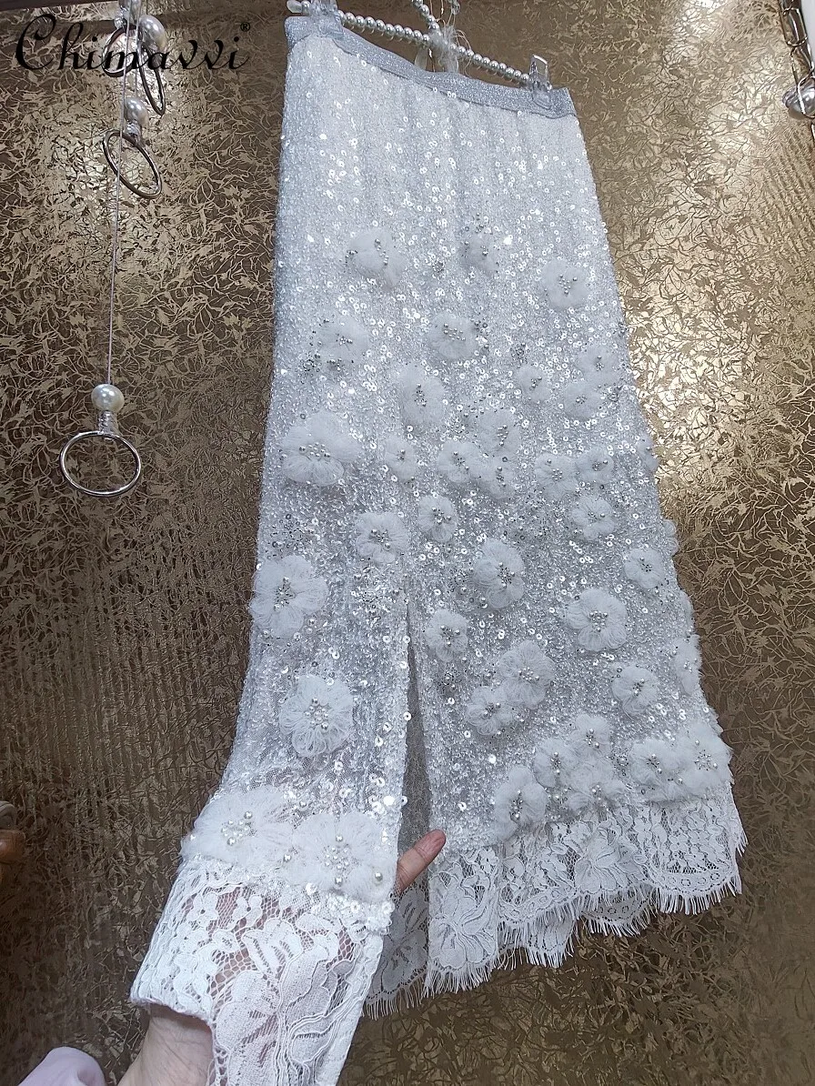 Heavy Industry Full Body Sequined Flower Lace Skirt 2024 Summer New Fashion High Waist Slim-fit Elegant Long Skirts Women