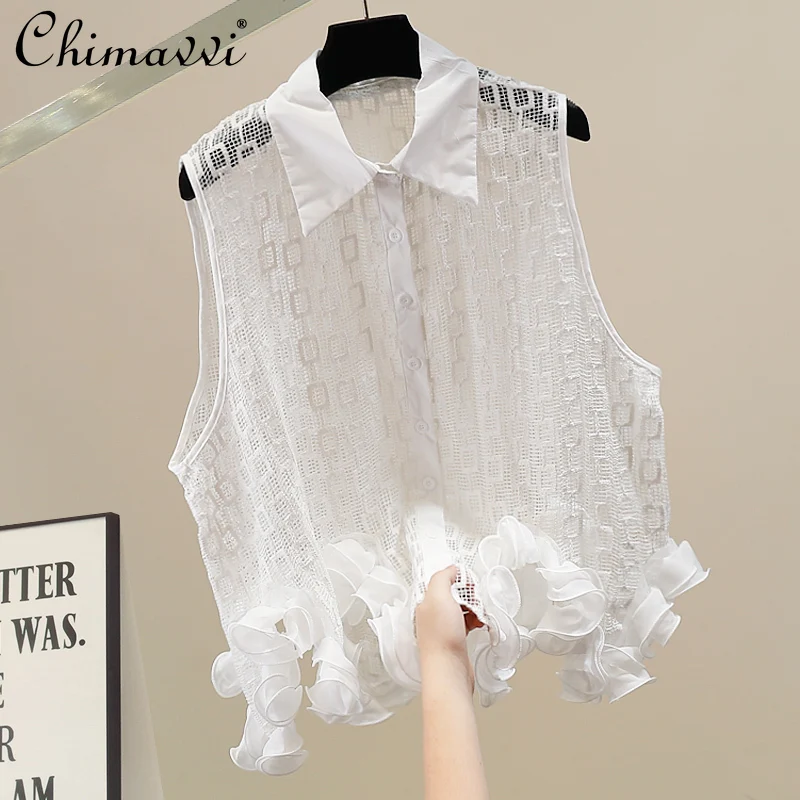 

Fashion Heavy Industry Irregular Flower Lapel Shirt 2025 Summer New French Sleeveless Loose Temperament Shirt Women's Top