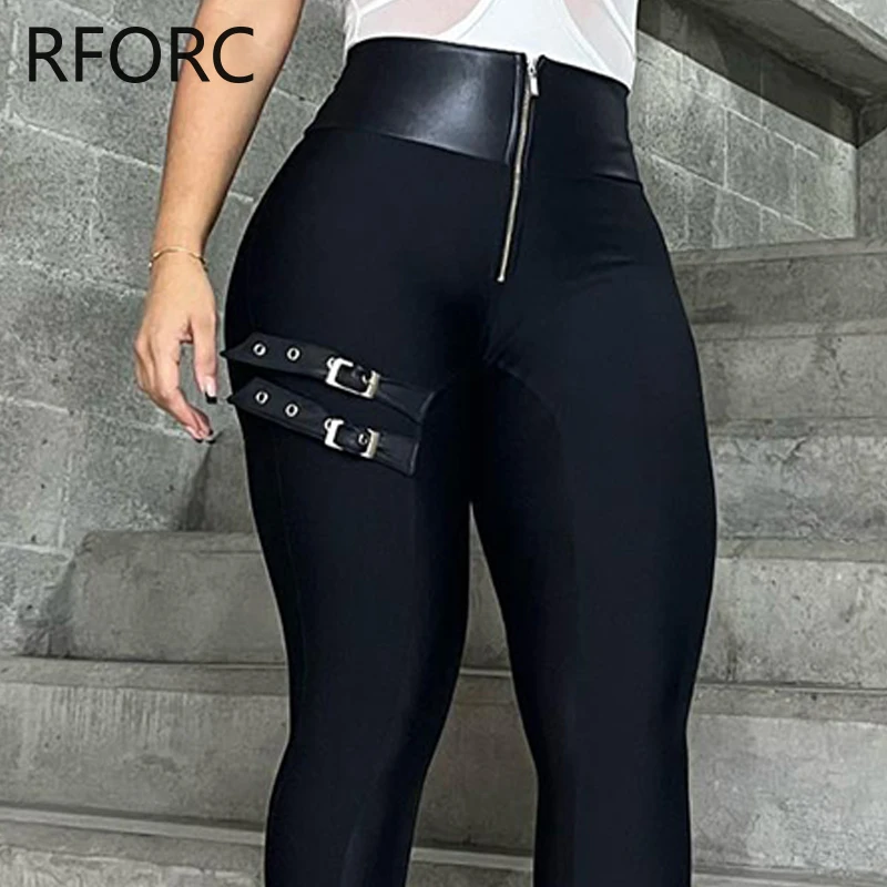 2023 frauen Chic Pu Leder Patchwork Hohe Taille Zipper Bandage Dünne Schwarze Bleistift Hosen