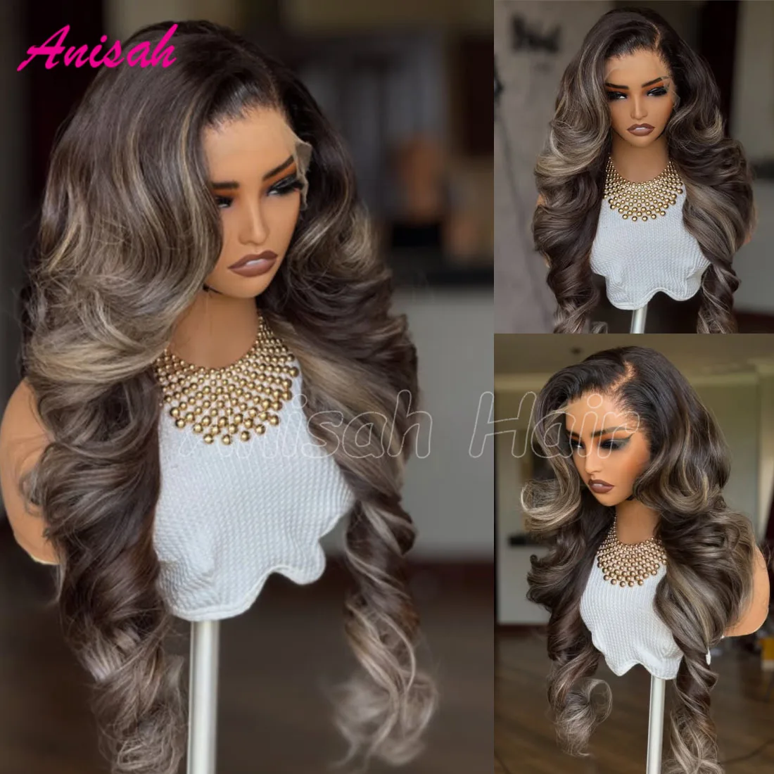 

Ash Blonde Brown Colored Highlight Loose Wave 13x6 HD Transparent Lace Frontal Wig Preplucked Human Hair Wig For Women