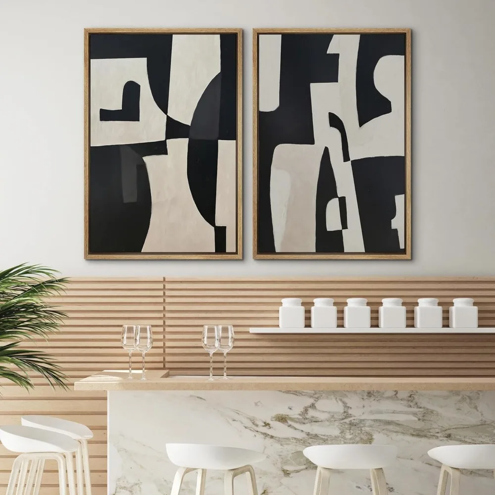 مجموعة فنية جدارية مطبوعة على القماش مؤطرة باللونين الأسود والبيج، رسوم توضيحية هندسية حديثة وجريئة وبسيطة، حد أدنى للديكور زن #4