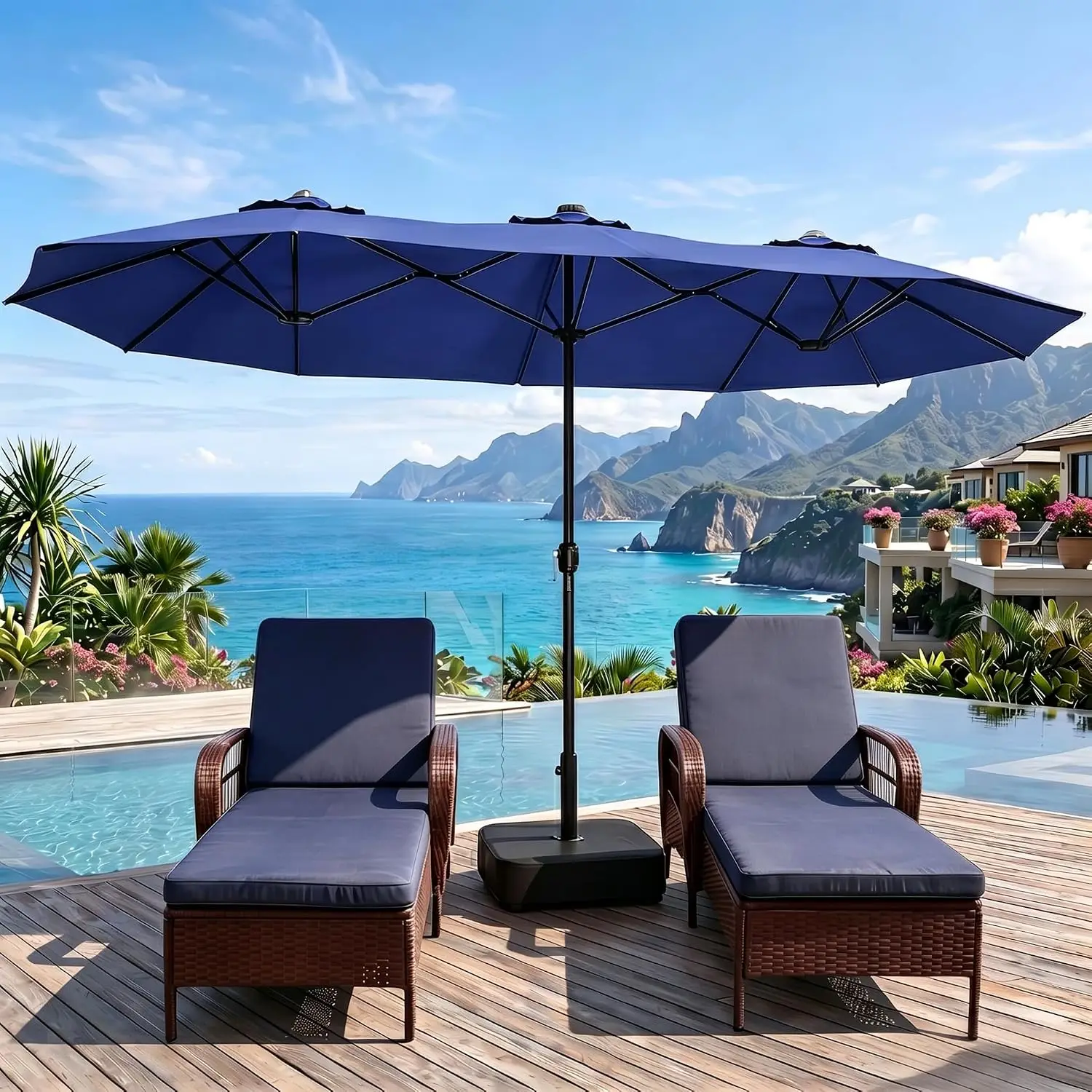 15FT Double-Sided Patio Umbrella with Base Included, Large Outdoor Rectangular Market Umbrella for Backyard, Poolside