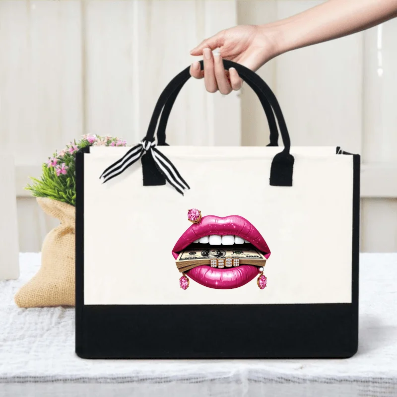 Fashion tote bag with cream and black lips, printed with banknotes, suitable for everyday use