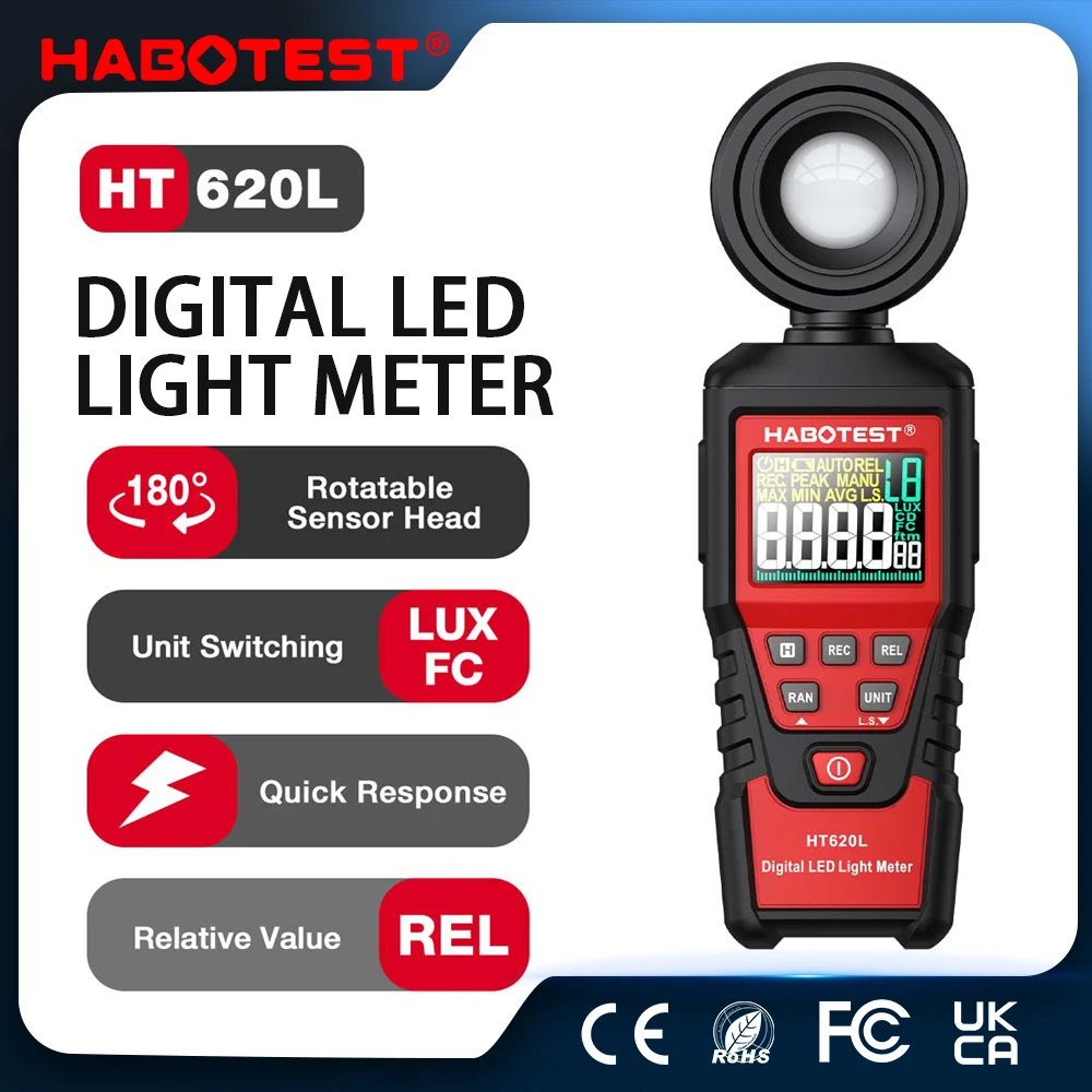

HABOTEST HT620 Digital Luxmeter High Accuracy Professional Illuminator 180° with Rotatable Light Sensor Lux Photometer
