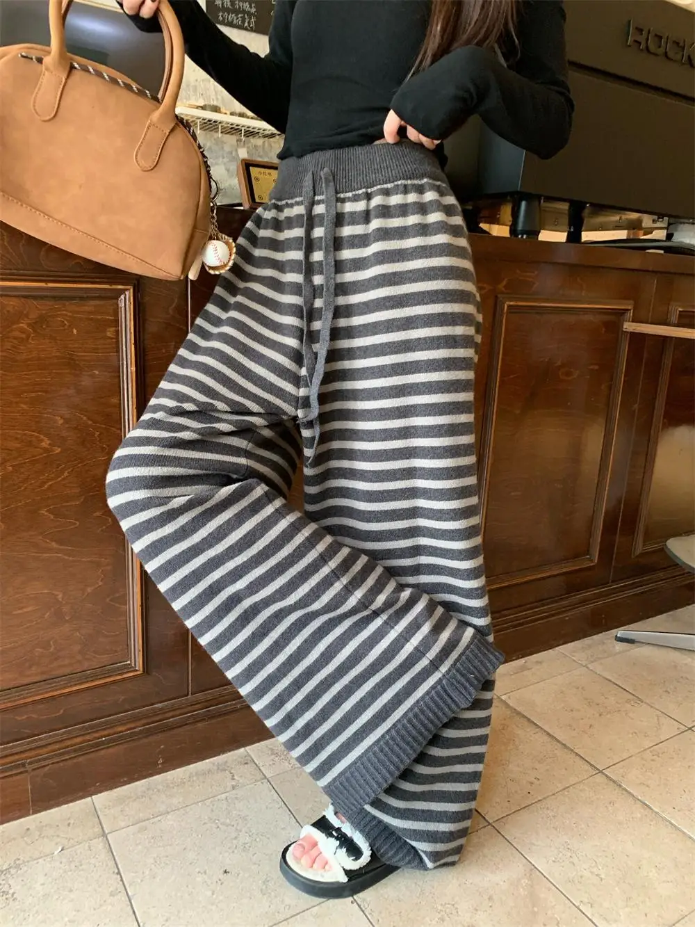 Unikatowe Kolorowe Paski Casualowe Luźne Spodnie z Szerokimi Nogawkami Damskie Jesienno-Zimowe Wygodne Piękne Spodnie z Wysokim Stanem Proste...