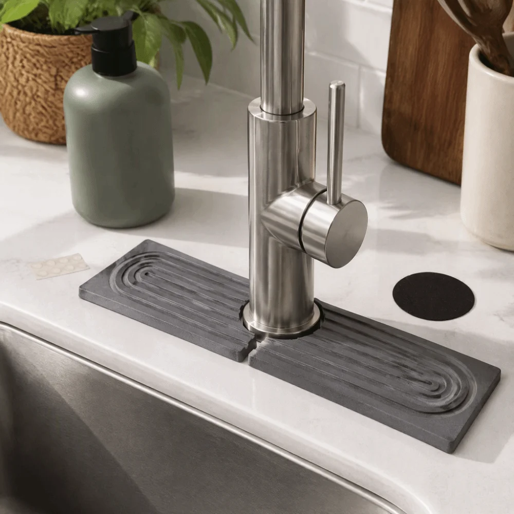 3pcs Fast Drying Faucet Mat Absorbent Pad Dark Gray Diatomaceous Earth Splash Guard With Sanding Tool Diatomite Stone Drying Mat