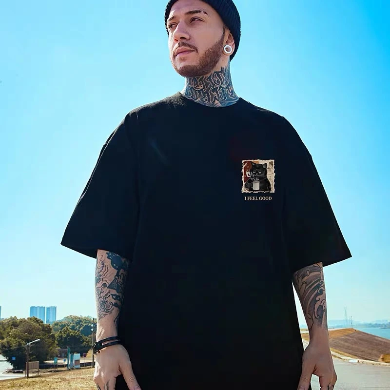 2025 New Year Men\'s T-Shirt Black Cat Printed Male Clothing Summer Casual Short Sleeve Top Loose Oversized T-Shirt Street Tees
