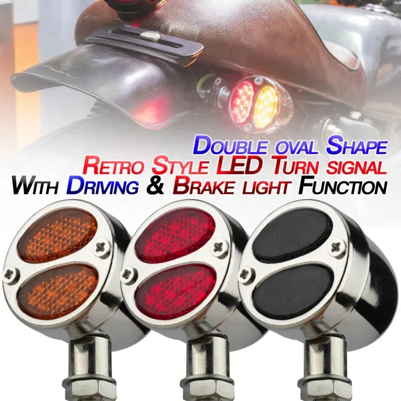 Cross-Border Hot Sale Retro Motorcycle Accessories Metal Led Double Elliptical Turn Signal With Driving Brake Lights