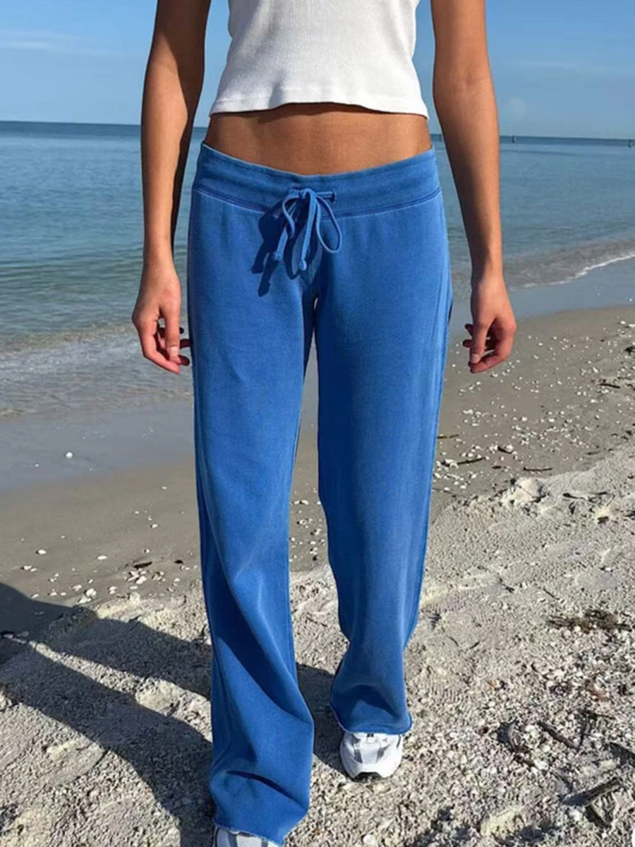 Pantalon de survêtement bleu à ourlet brut avec cordon de serrage pour femme, taille basse, à lacets, jambes larges, Style Preppy, Vintage, décontracté, Sport, automne