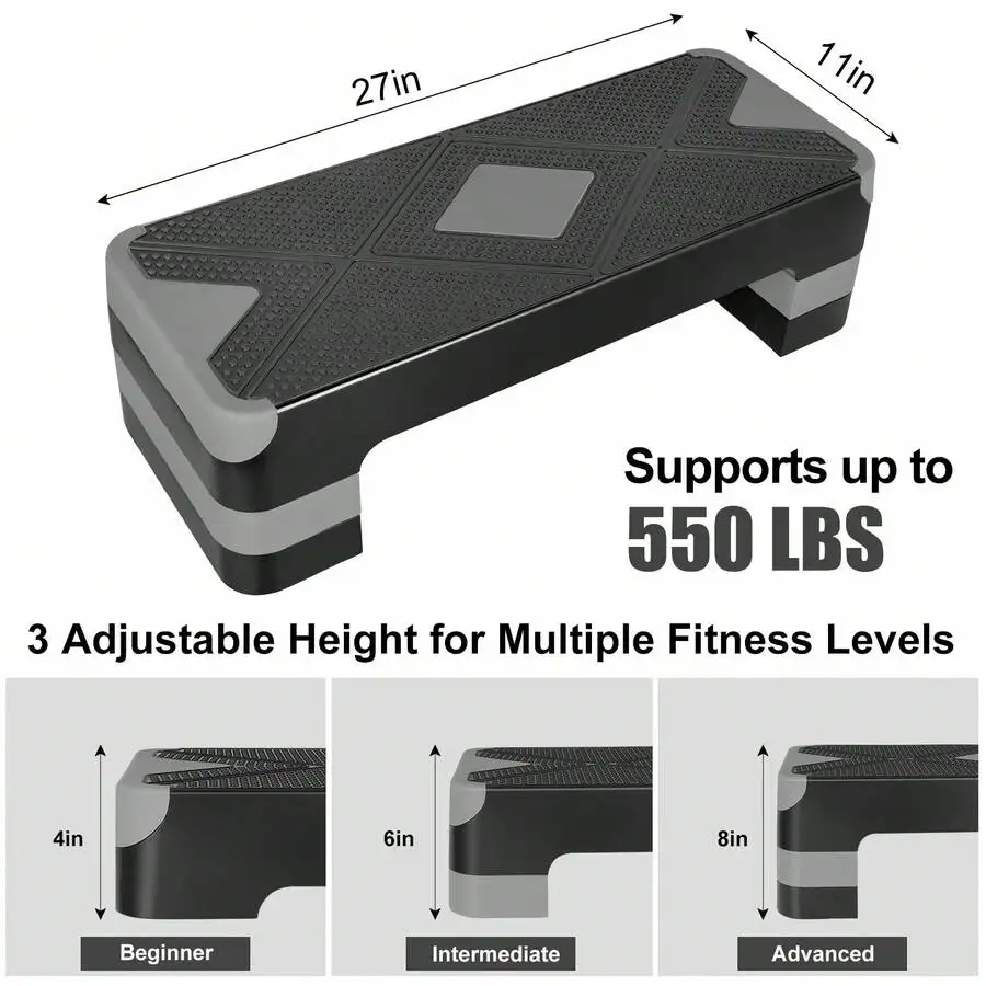 Aerobic Step Platform 27in Adjustable Exercise Fitness Workout Stepper With 4 Risers