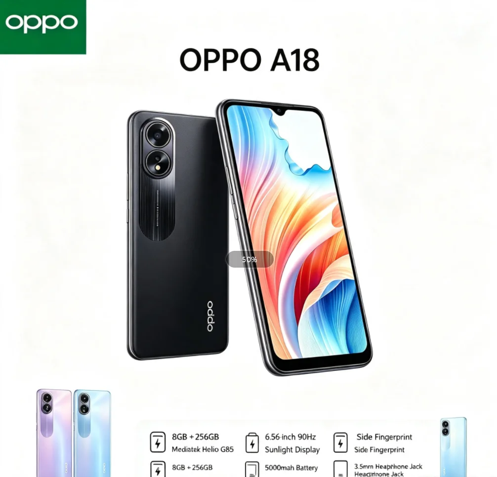 2026 OPPO A18 Unlocked Smartphone 8GB 256GB Dual SIM Helio P35 Chipset 6.5'' HD+ Screen Built-in 5000mAh Long Endurance Battery
