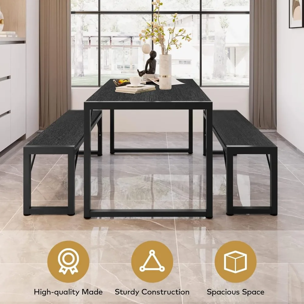 45.5" Dining Table Set for 4 with 2 Benches, Kitchen Table Set with Metal Frame & MDF Board, Space-Saving Dinette for Kit