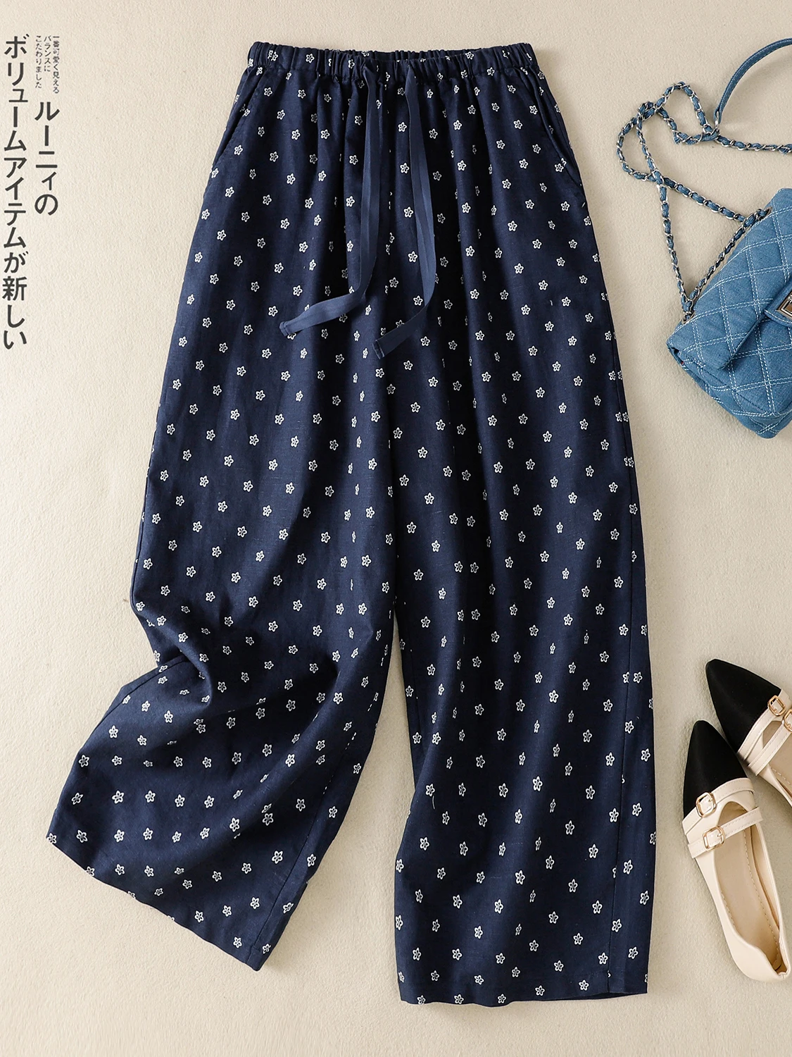 Retro Floral Print Cotton Linen Wide Leg Pants Loose Elastic Waist Casual Slimming Summer Nine Points Women's plus Size Trousers