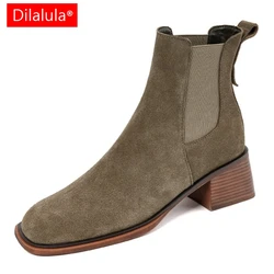 Dilalula 2025 New Autumn Genuine Leather Women Chelsea Boots Cow Suede Med Thick Heels Comfortable Retro Office Short Boots