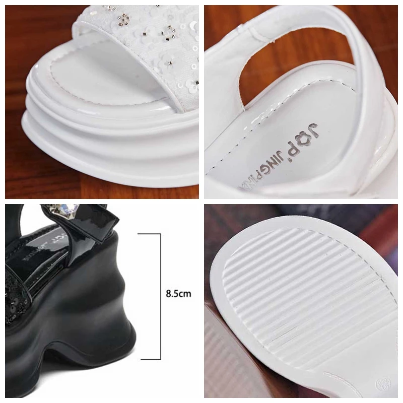 Fujin 8.5cm Microfiber Synthetic Leather Bling Slip on Women Peep Toe Sandal Slippers Pumps Summer Platform Wedge Fashion Shoes