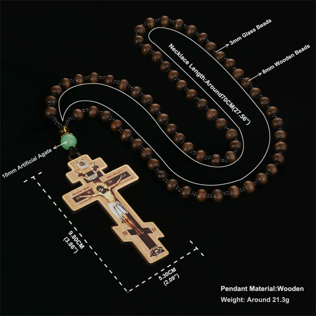 Diyalo Orthodox Wooden Beaded Chain Necklace Christian Crucifix Jesus Christ Cross Icons Pendant Necklace Car Hanging Jewelry