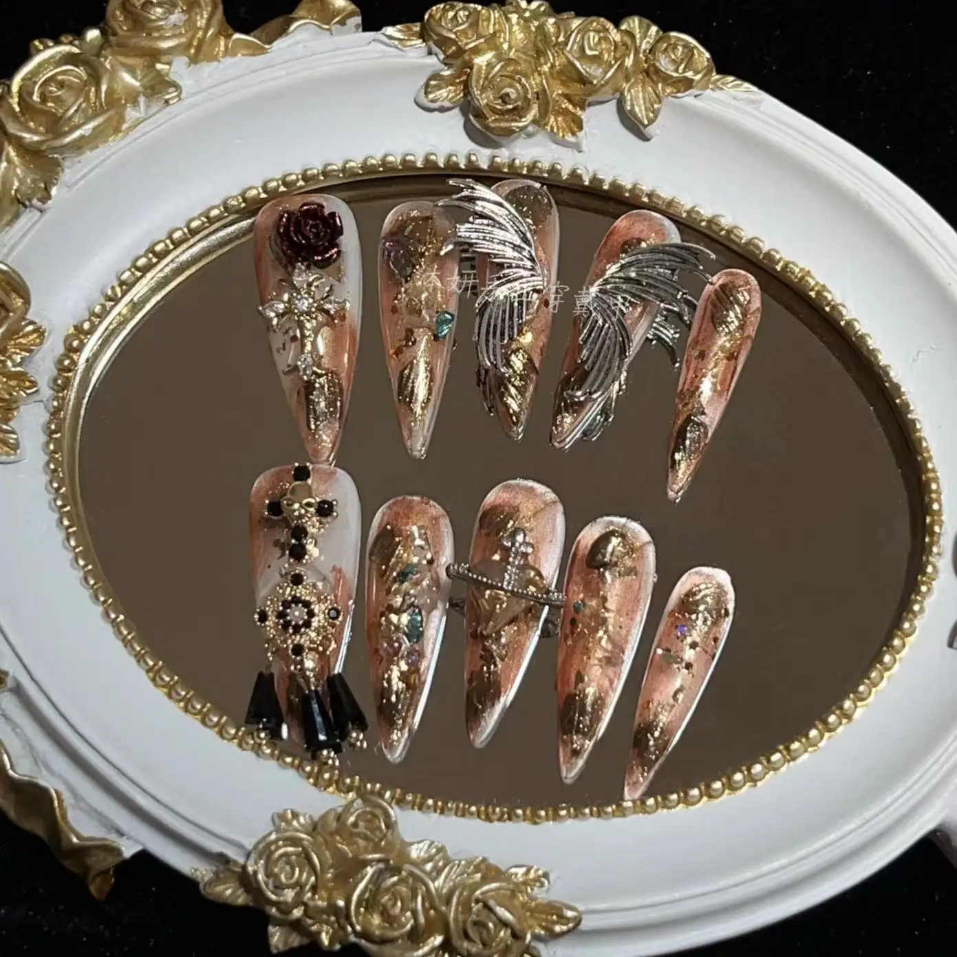 

10Pcs Vintage Luxury Heavy Metal Wing Stiletto Press On Nails, Sheer Nude Gold Foil Gradient Fake Nails with Embossed Rose Cross