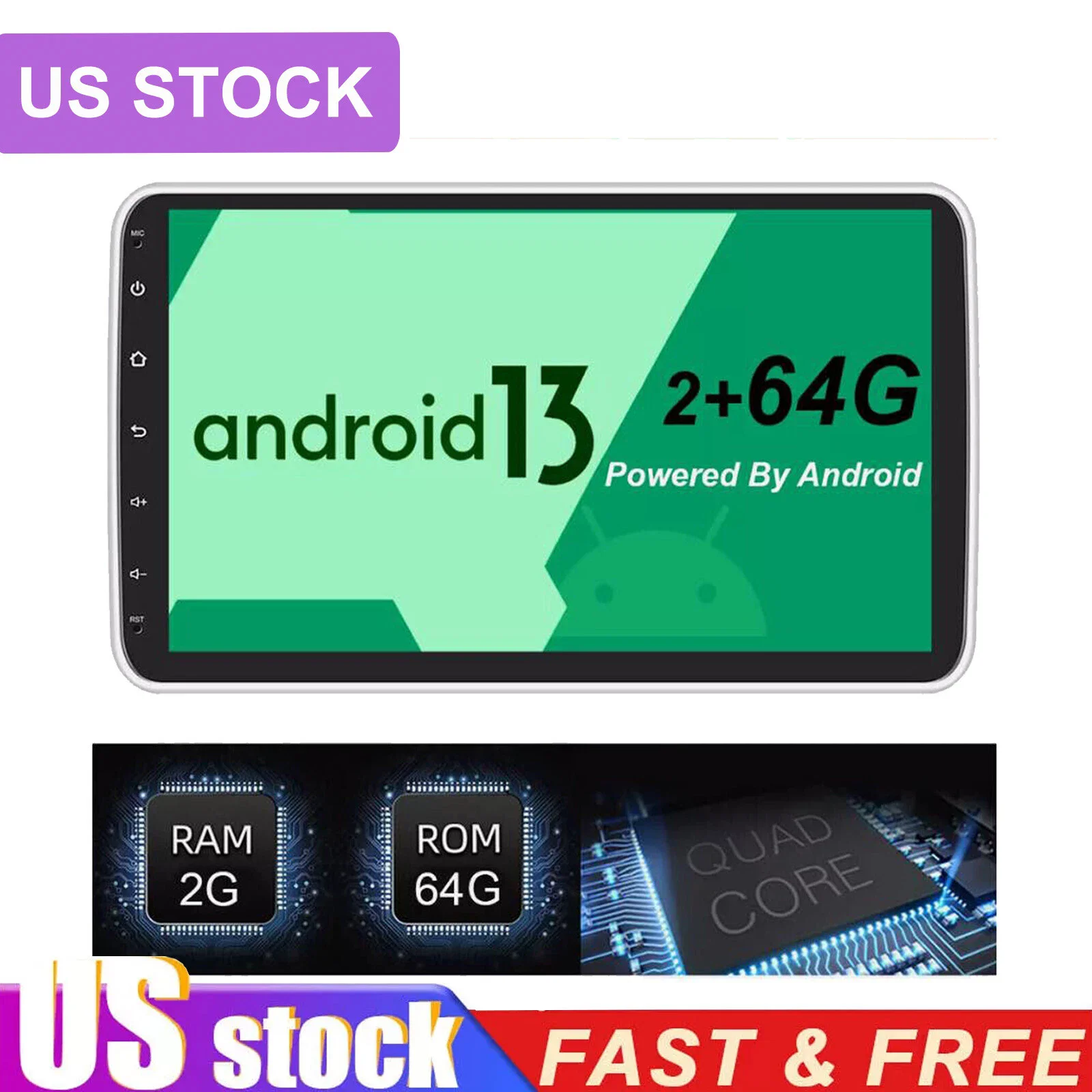 

2G+64G Single Rotatable 10.1'' Android 13 Car Stereo Touch Screen Universal Carplay GPS Navigation Bluetooth WIFI autoradio