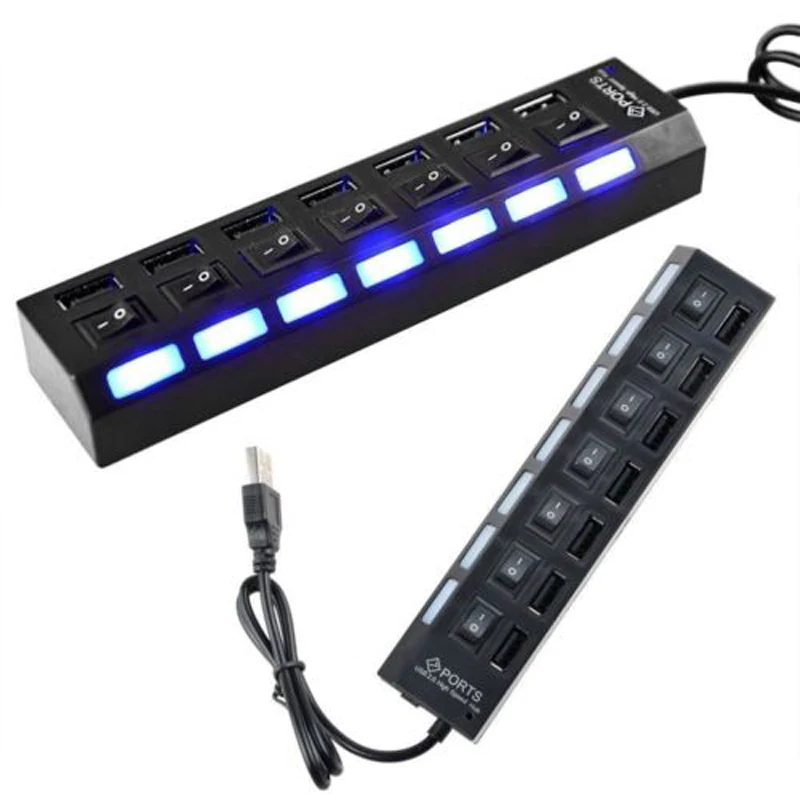 

USB-концентратор на 7 портов с кнопками включения/выключения, высокоскоростной, 480 Мбит/с, для подключения нескольких устройств, черный