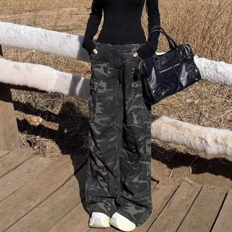 

Новые плиссированные широкие джинсы с высокой талией и несколькими карманами, брюки для мытья полов, американские камуфляжные комбинезоны с микроподтяжками, женские